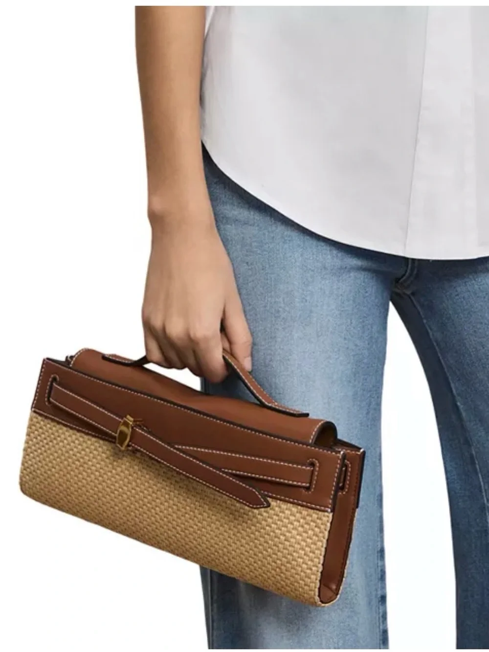 Veronica Beard Dash Raffia Clutch Hazelwood Leather Top Handle Bag - Picture 6 of 12